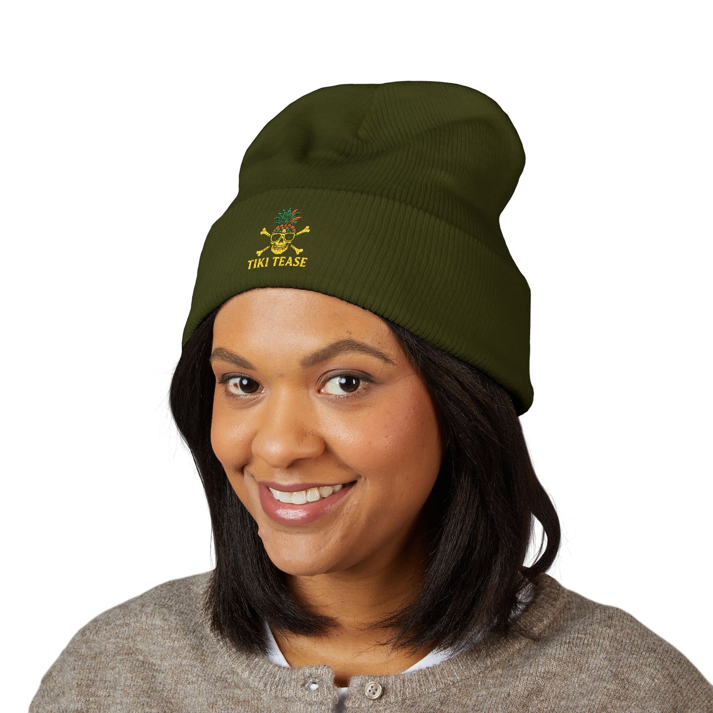 Embroidered Floral Pineapple Cuffed Beanie – Cute Tropical Knit Hat