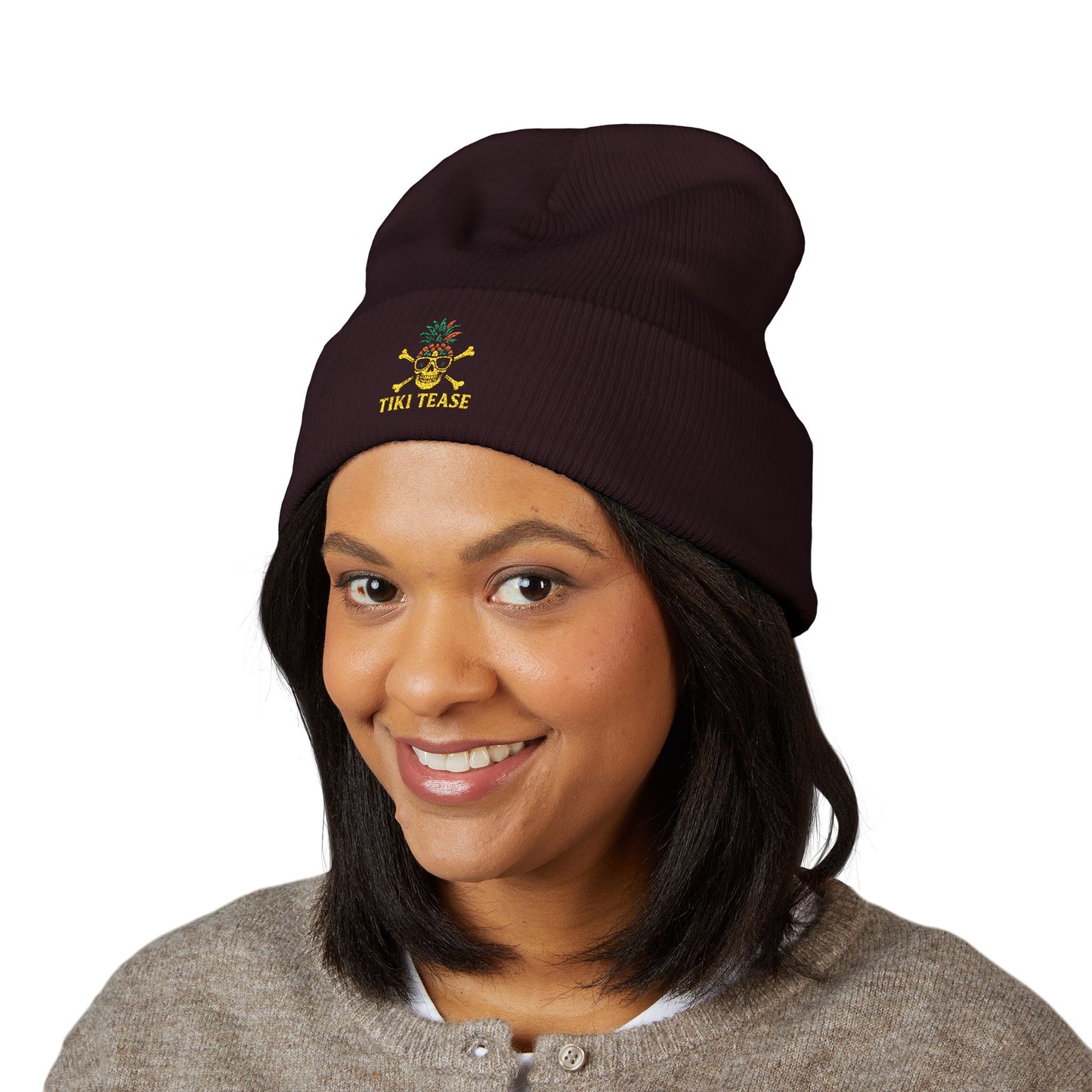 Embroidered Floral Pineapple Cuffed Beanie – Cute Tropical Knit Hat
