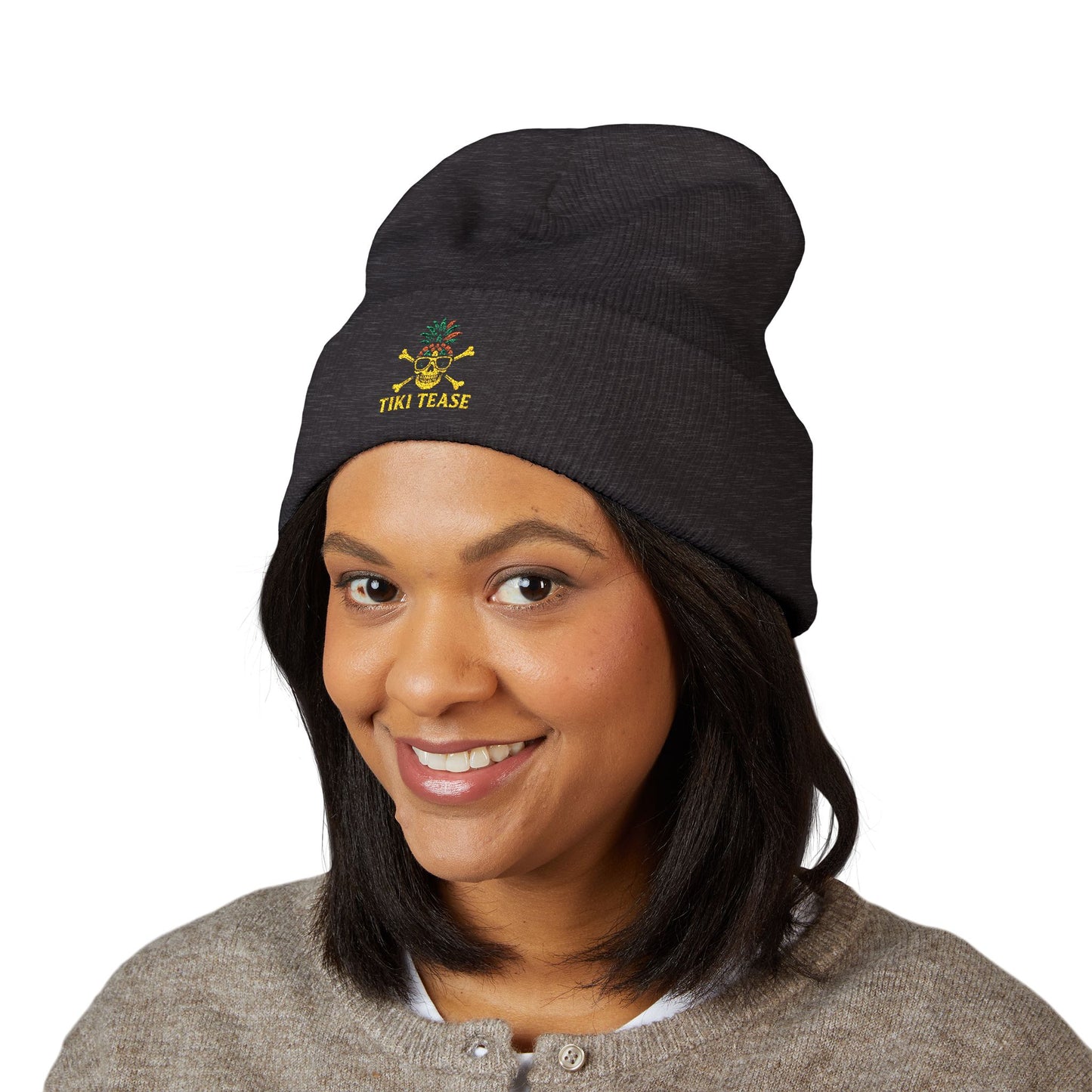 Embroidered Floral Pineapple Cuffed Beanie – Cute Tropical Knit Hat