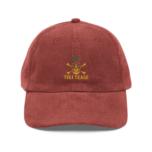 Vintage Corduroy Cap — Embroidered "Tiki Tease" Floral Skull Dad Hat