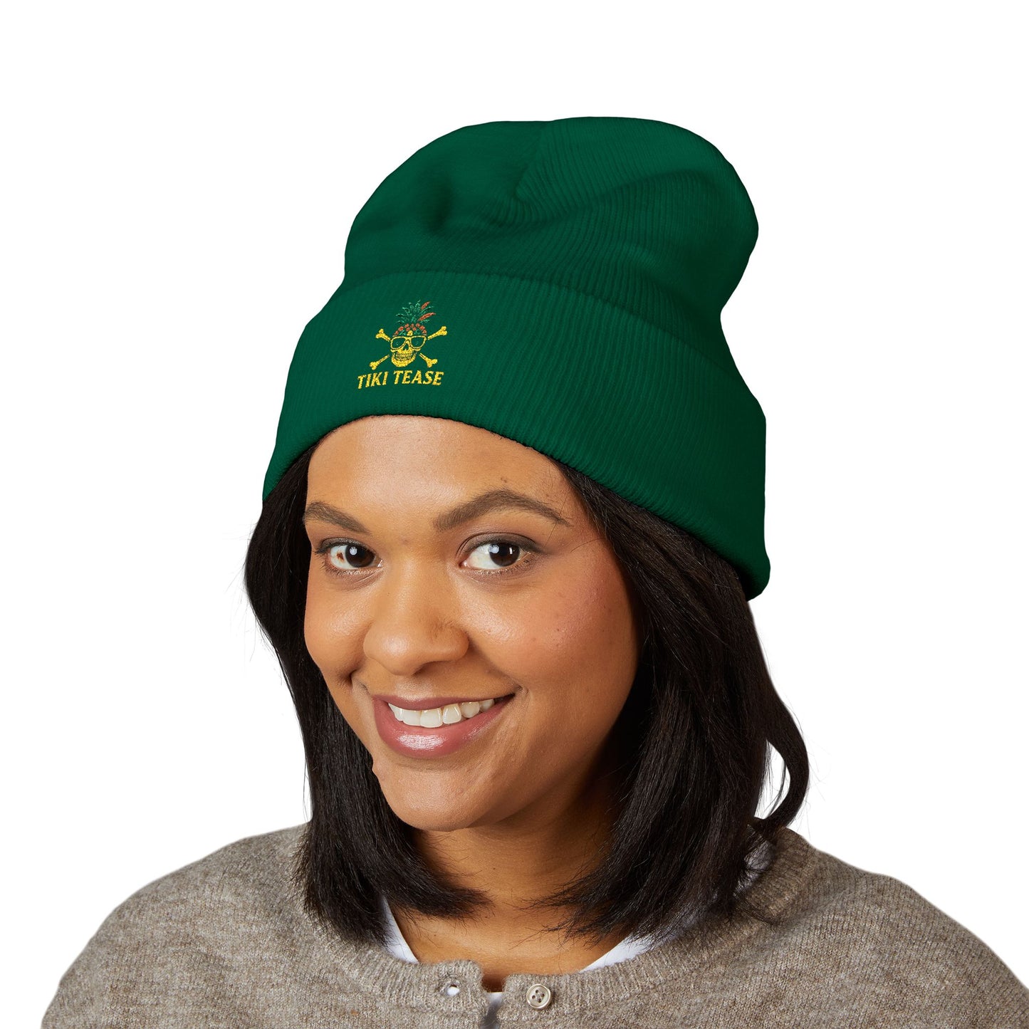 Embroidered Floral Pineapple Cuffed Beanie – Cute Tropical Knit Hat